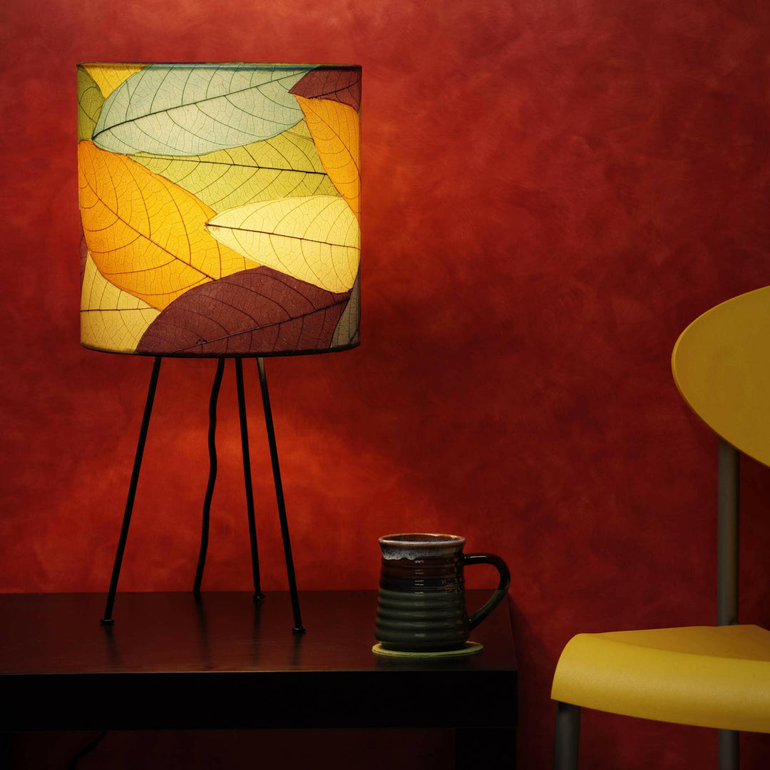 Metal Tripod Drum Table Lamp Collection — with Fossilized Cocoa Leaf Shade | Artisans.
