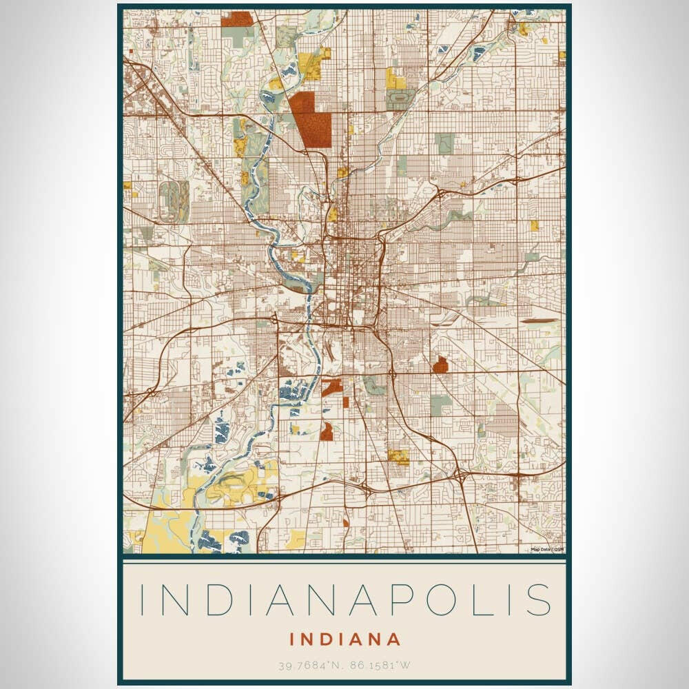 Indianapolis IN Map Woodblock Style 12" x 18" Print | Artisans.
