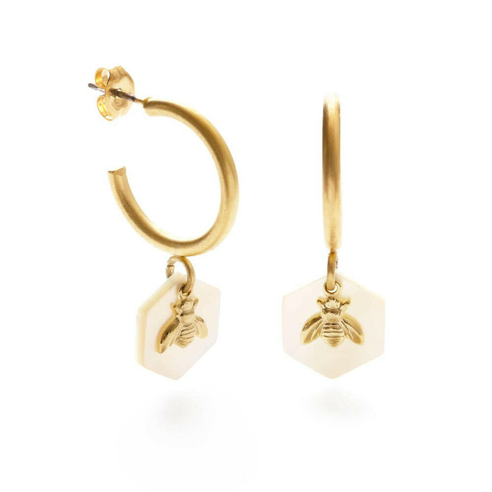 Tiny Bee on Mother of Pearl Hexagon on Huggie Hoop Earrings | Artisans.