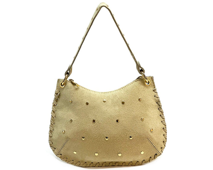 A light tan suede shoulder bag with gold-tone studs and whipstitching along the edges, shown against a plain white background.
