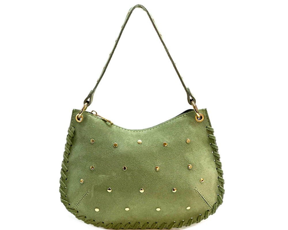 An olive green suede shoulder bag with gold-tone studs and fringe trim, shown against a plain white background.
