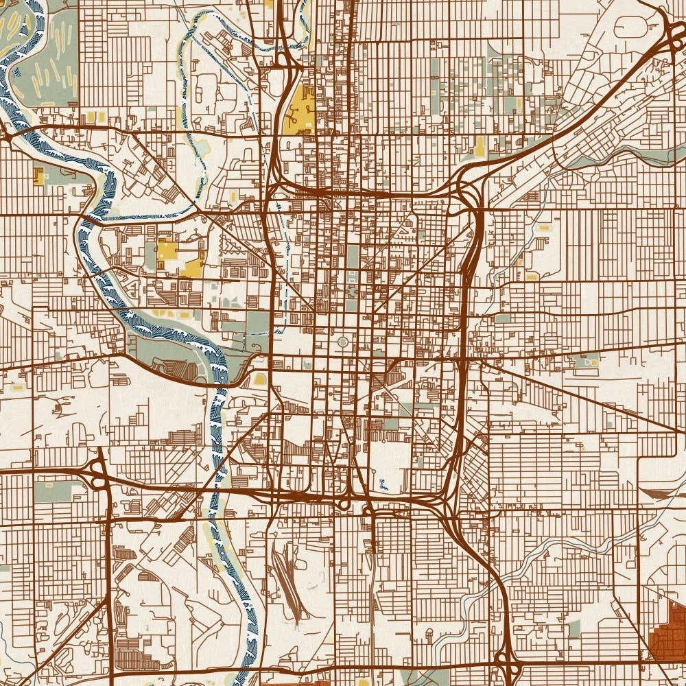 Indianapolis IN Map Woodblock Style 12" x 18" Print | Artisans.