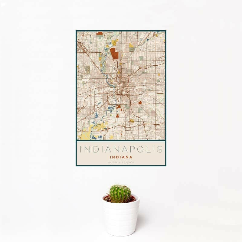 Indianapolis IN Map Woodblock Style 12" x 18" Print | Artisans.