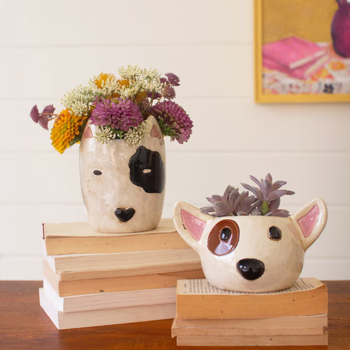 Ceramic Black &amp; White Dog Head Planters
