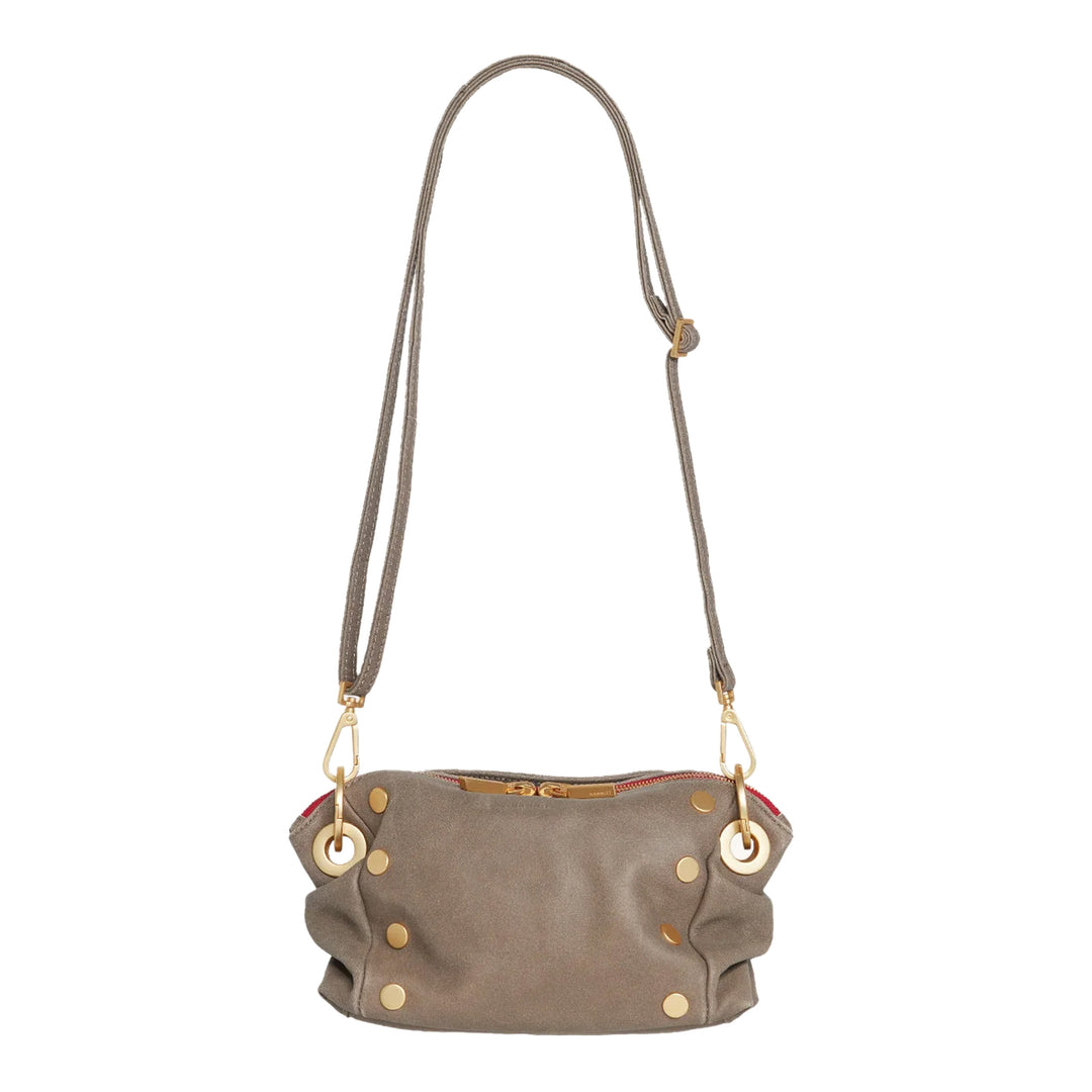 Gray handbag with gold accents on a white background