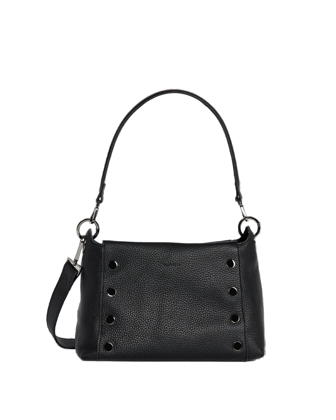 A black pebbled leather shoulder bag with a top handle and a detachable crossbody strap, featuring decorative metal eyelets on the front, shown against a plain white background.