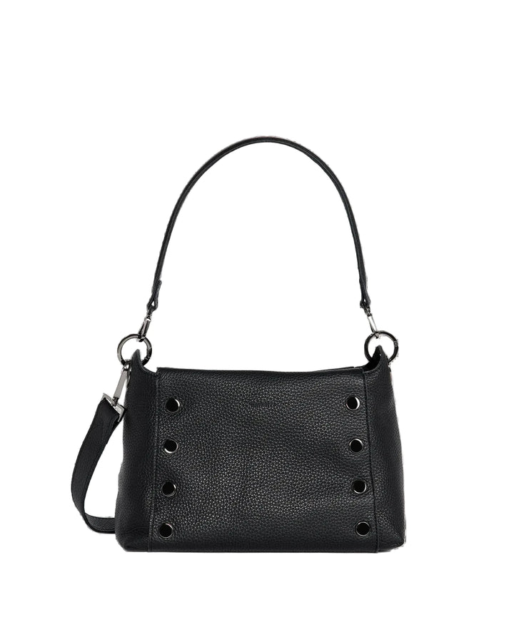 A black pebbled leather shoulder bag with a top handle and a detachable crossbody strap, featuring decorative metal eyelets on the front, shown against a plain white background.