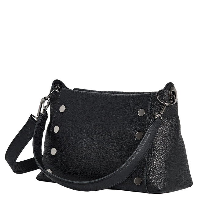 Black leather handbag with silver buttons on a white background