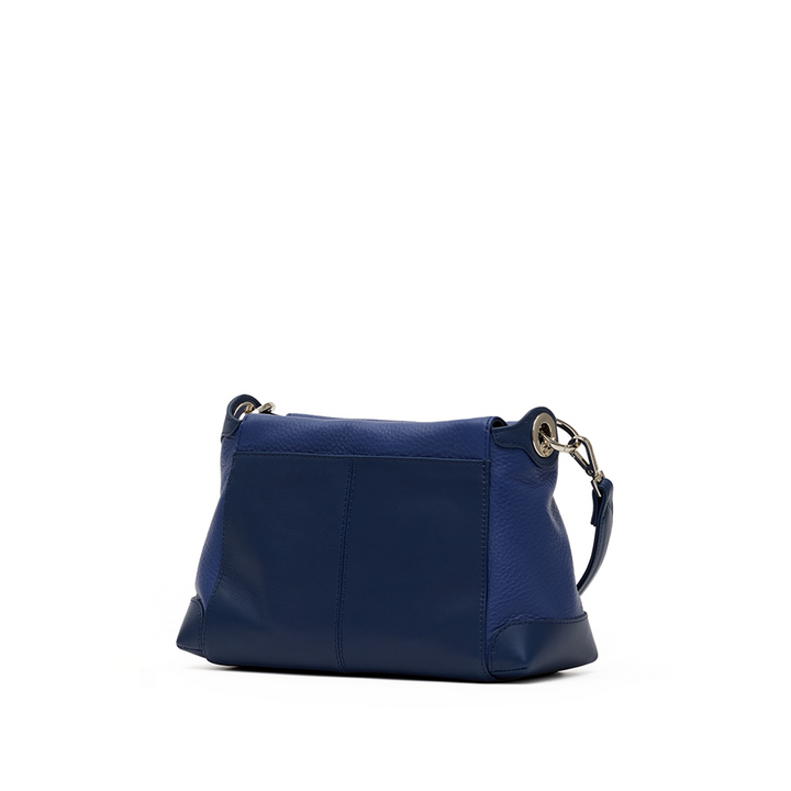 A navy blue leather shoulder bag with a pebbled texture, silver-tone hardware, and a matching leather strap, shown from a three-quarter angle on a plain white background.