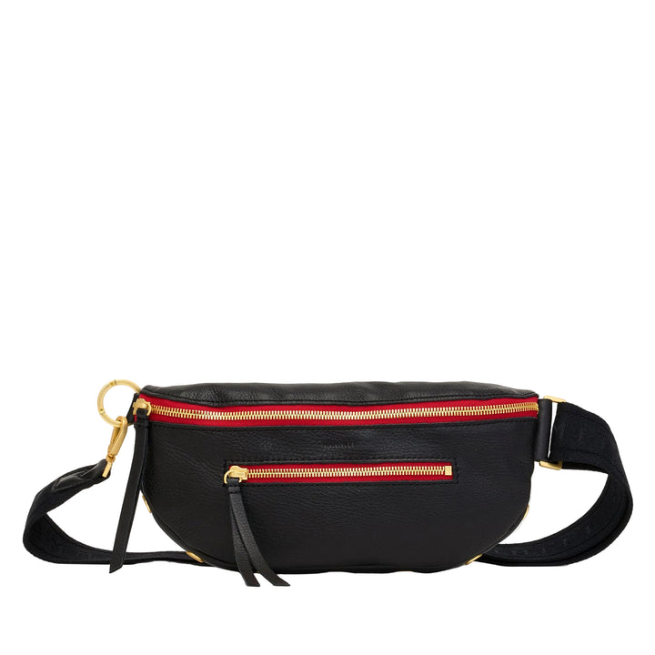 Black fanny pack with gold accents and red zipper on a white background
