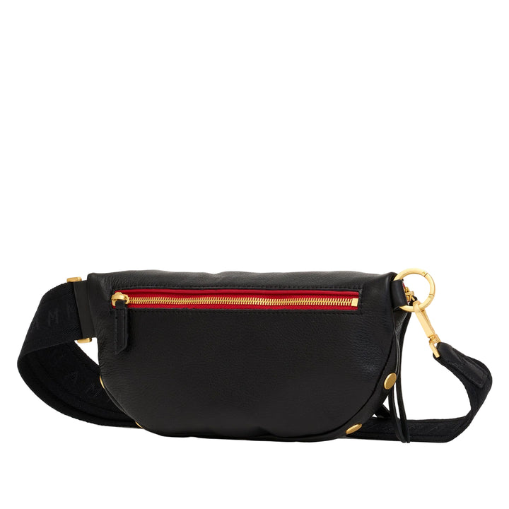 Black waist bag with gold zipper and strap on a white background