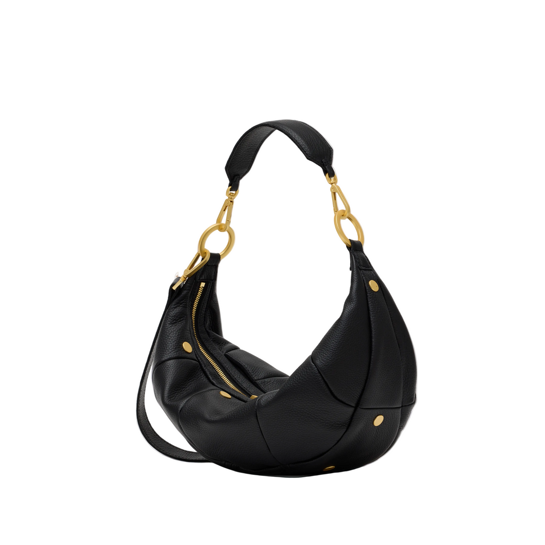 A black pebbled leather crescent-shaped shoulder bag called the Erica with gold-tone hardware and a curved shoulder strap, shown on a plain white background.