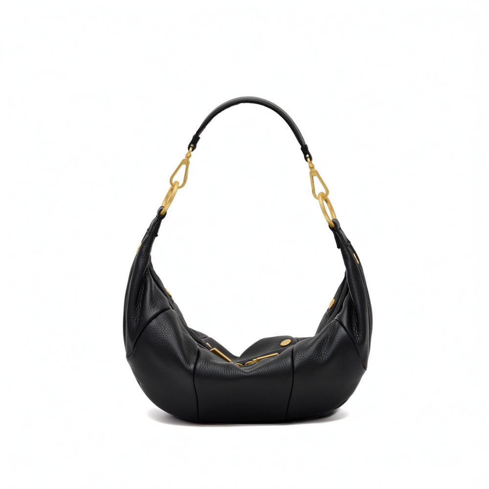 A black pebbled leather crescent-shaped shoulder bag with gold-tone hardware and a curved shoulder strap, shown on a plain white background.