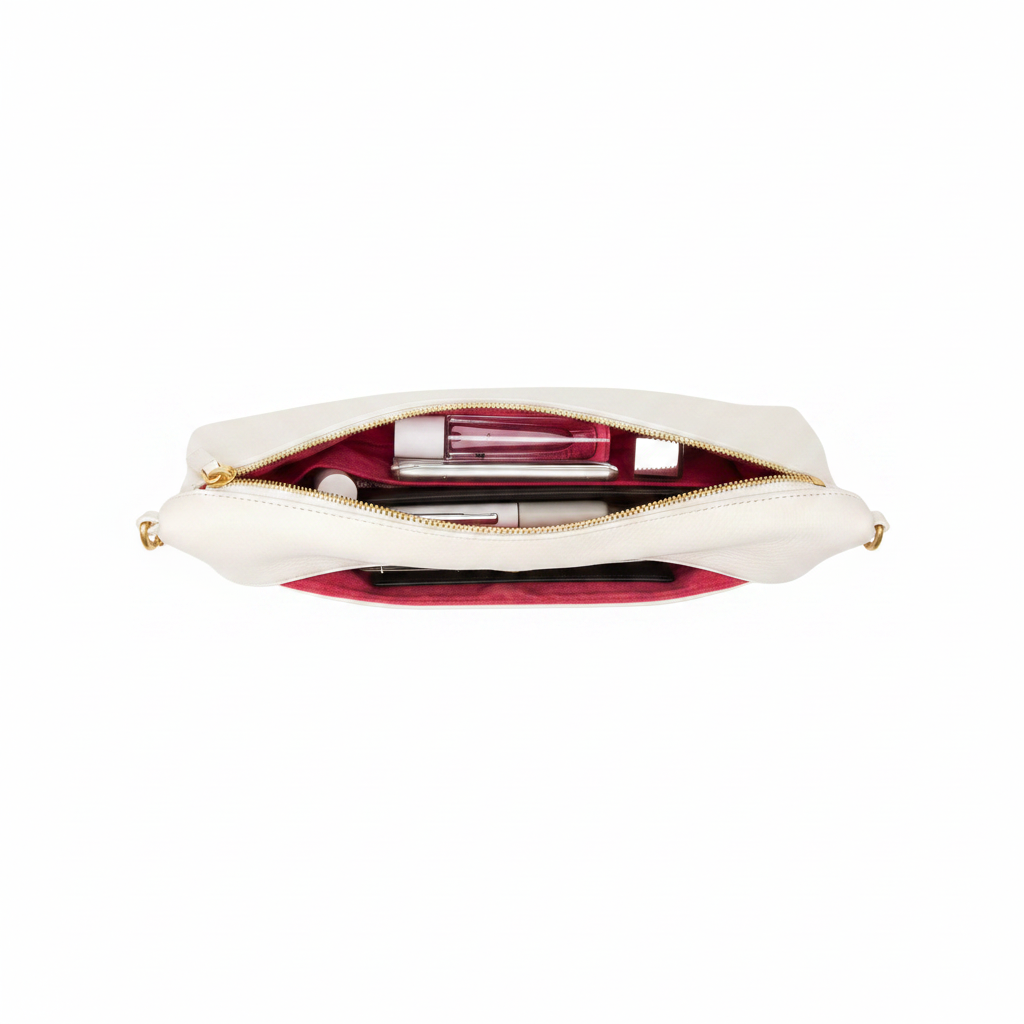 White clutch bag with gold zipper on a white background