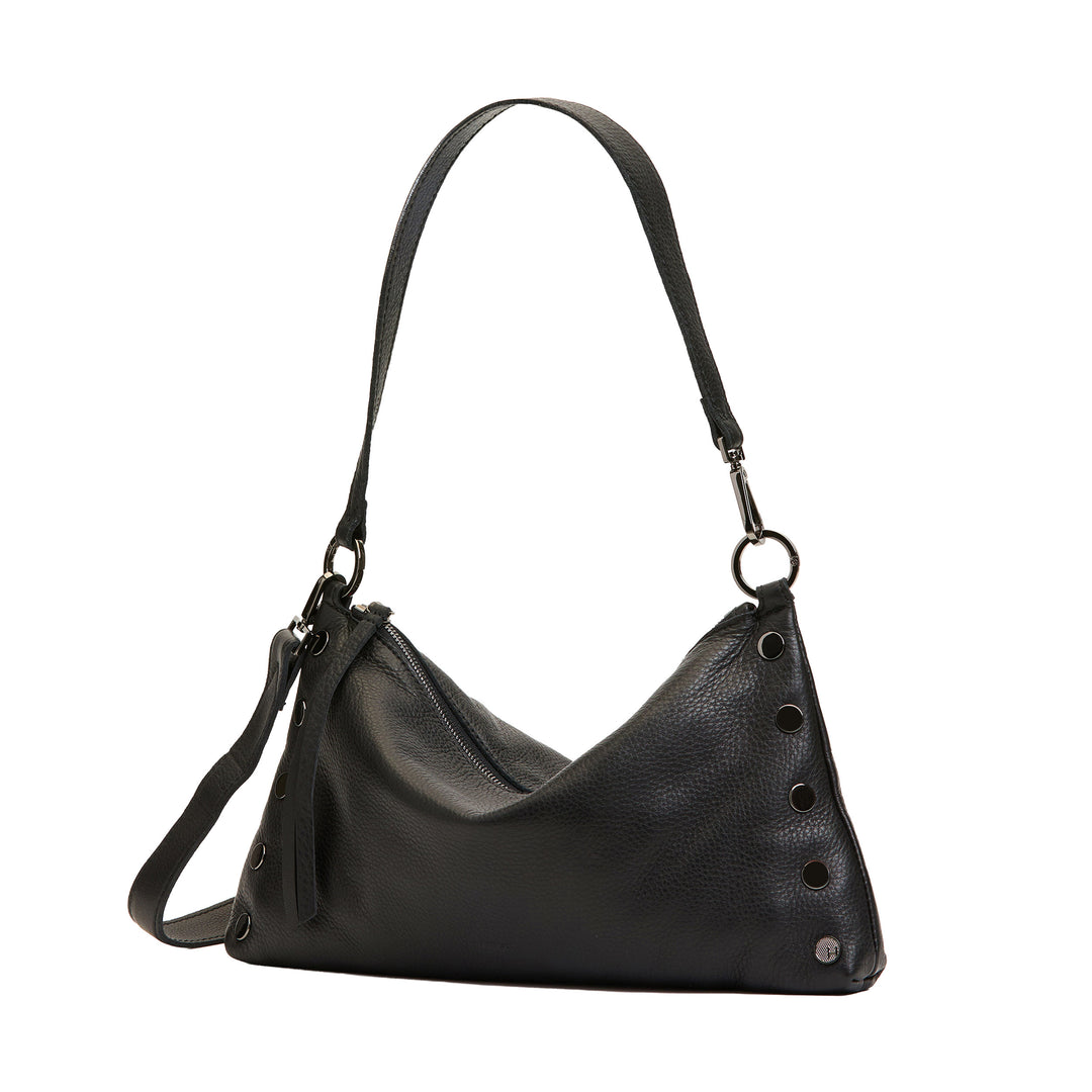 A black pebbled leather slouchy shoulder bag with a single strap, side snap details, and metal hardware, shown on a plain white background.
