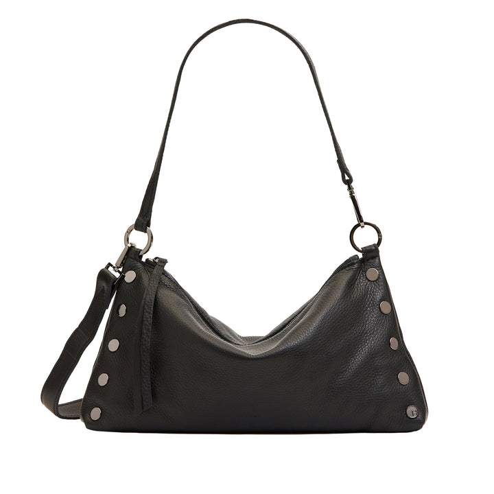 A black pebbled leather slouchy shoulder bag with silver-tone metal studs and a matching black leather tassel, shown against a plain white background.