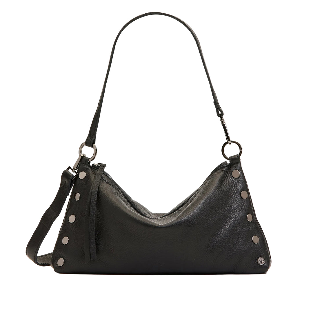 Black leather handbag with silver studs on a white background