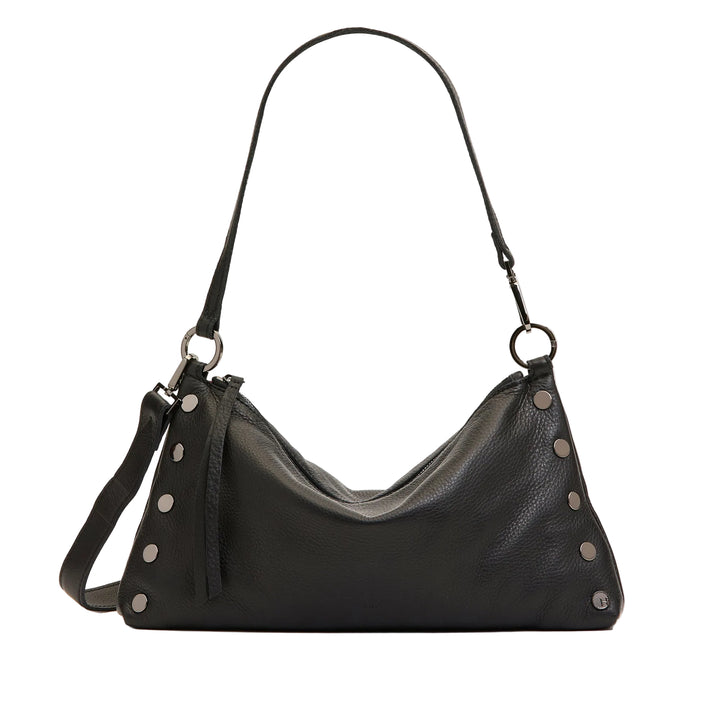 Black leather handbag with silver studs on a white background