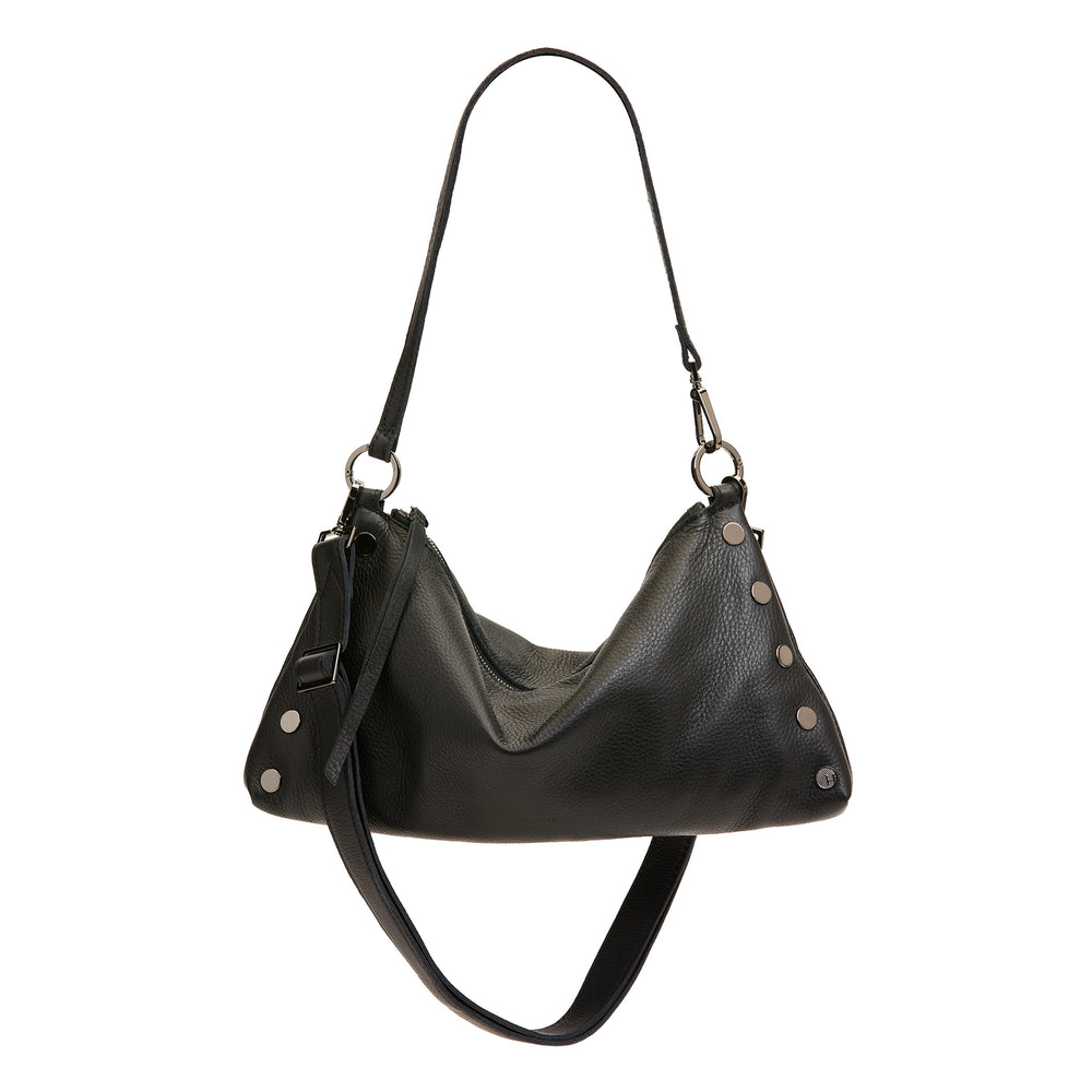 Black handbag with silver studs on a white background