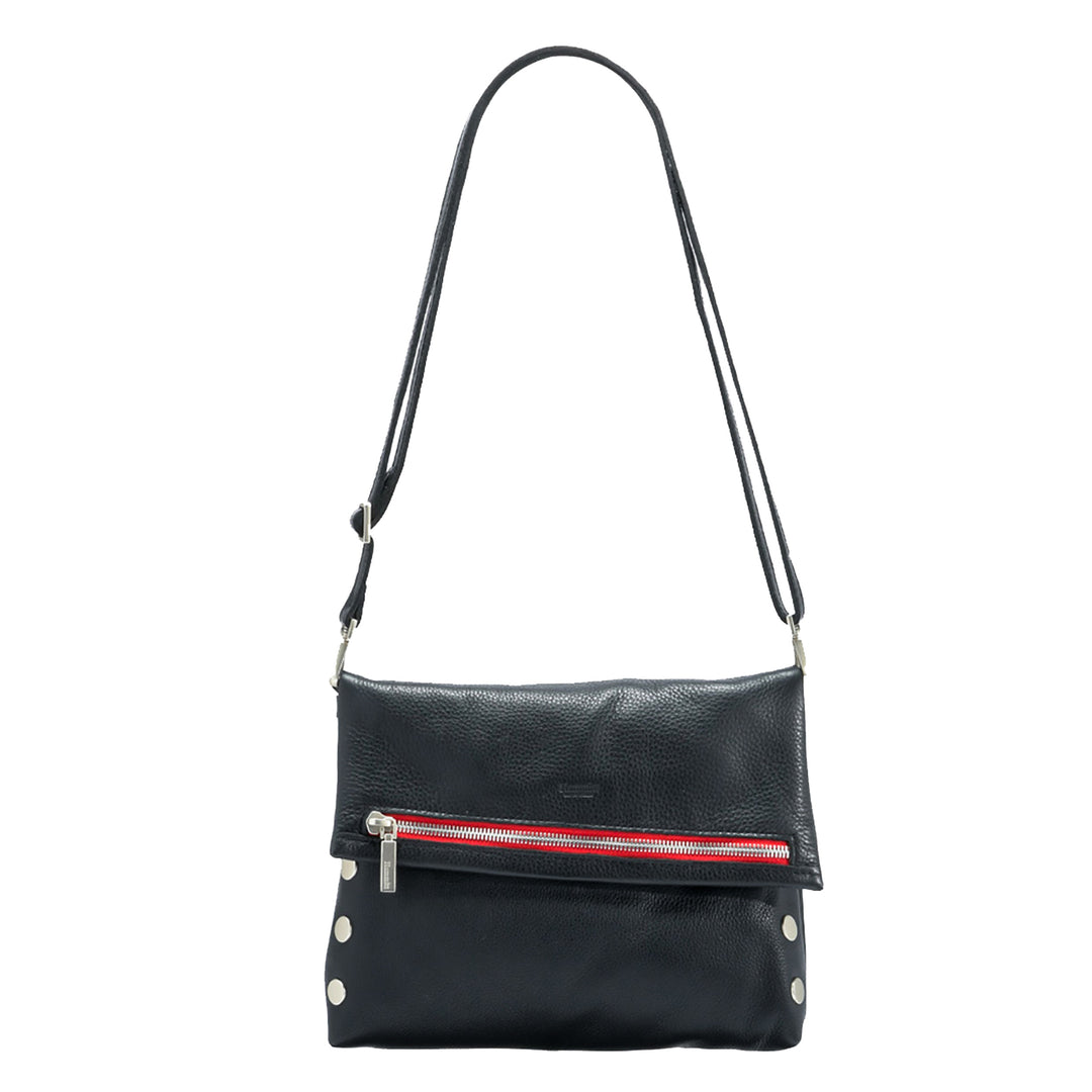 Black pebbled leather crossbody bag with a front zip pocket featuring a red and white striped leather accent, silver-tone hardware, and a long shoulder strap, shown on a plain white background.