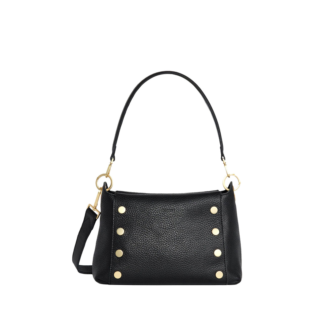 A black pebbled leather shoulder bag with gold-tone hardware, featuring a structured rectangular body, vertical gold studs on the front, and a single top handle on a plain white background.