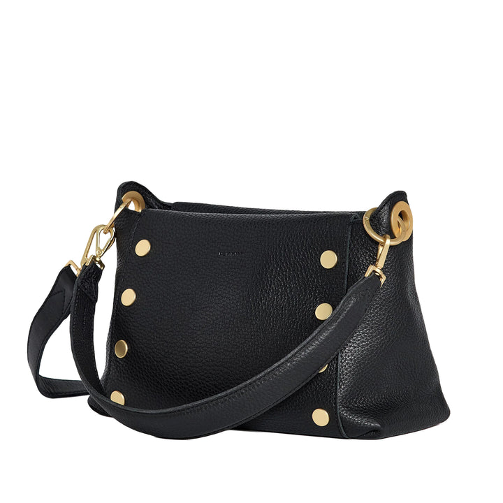 Black handbag with gold studs and accents on a white background