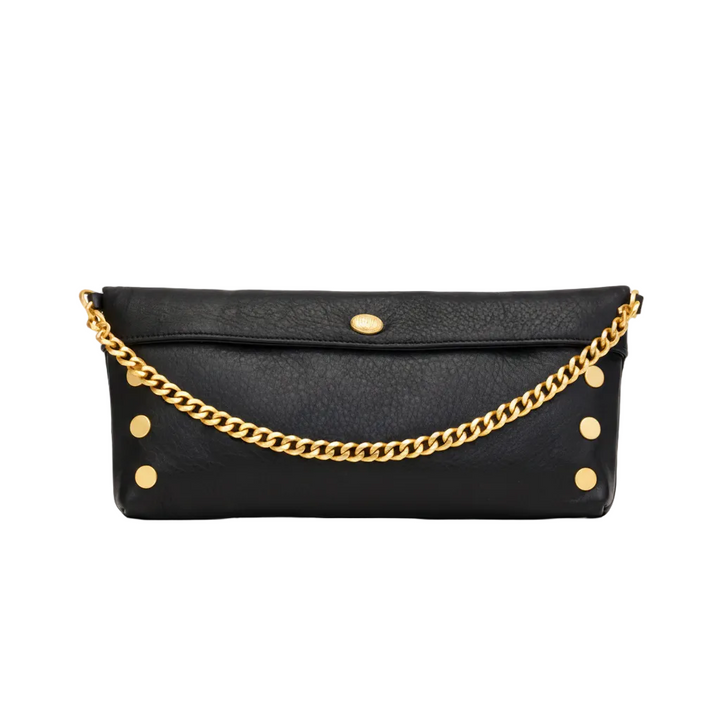 Black clutch bag with gold chain and studs on a white background