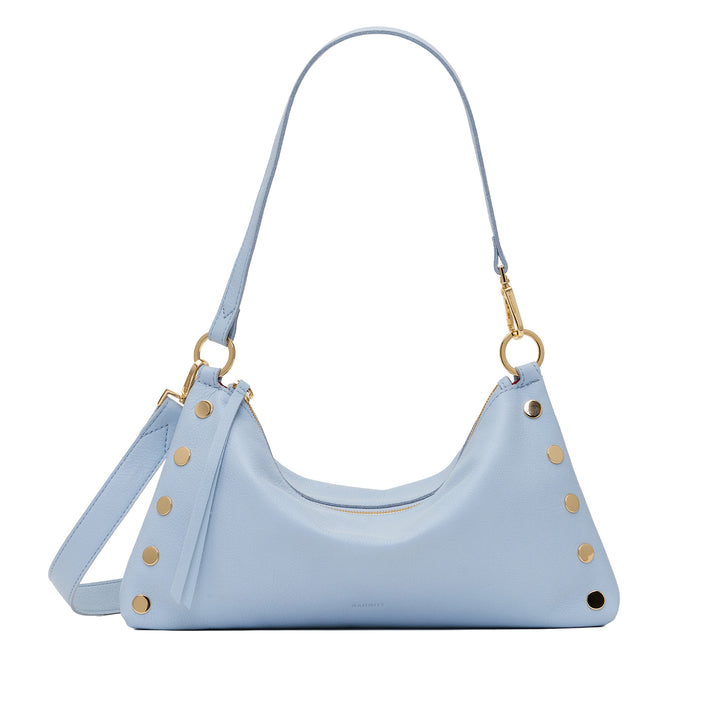 A light blue leather shoulder bag with gold-tone hardware, including gold studs, rings, and a clasp, shown on a plain white background.