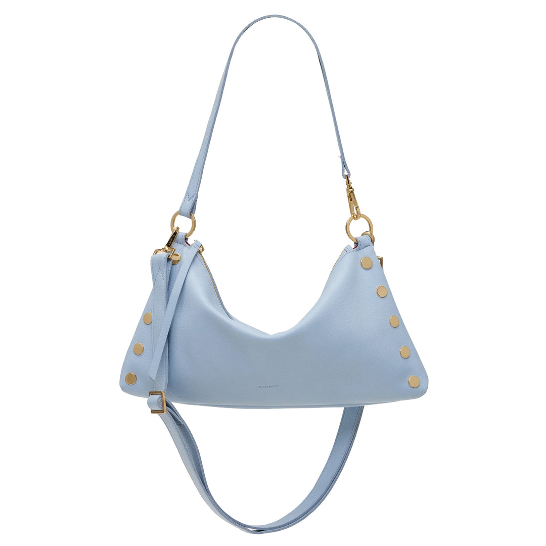 Light blue handbag with gold accents on a white background