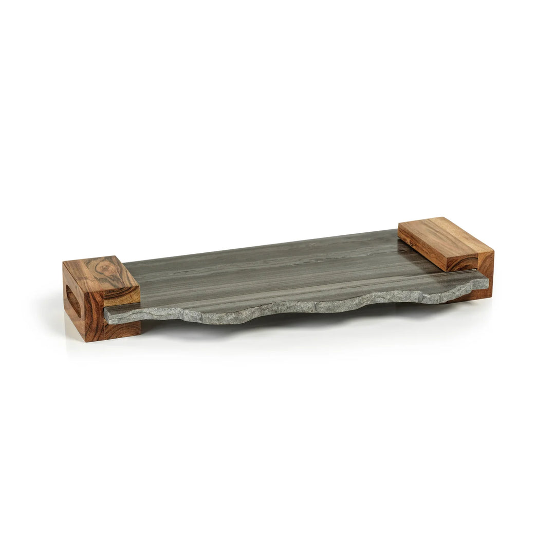 Wooden tray with stone-like surface on a white background