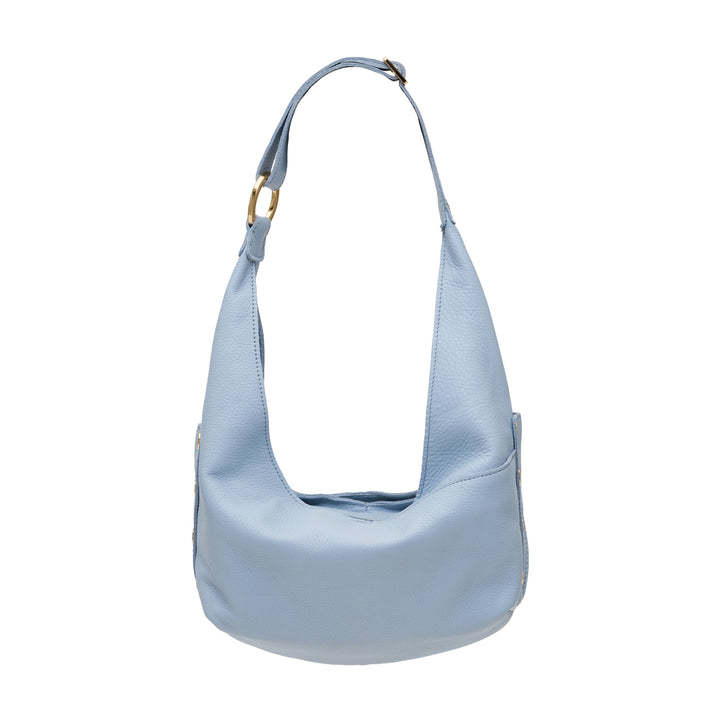 A light blue pebbled leather hobo shoulder bag with a single adjustable strap and gold-tone hardware, shown against a plain white background.