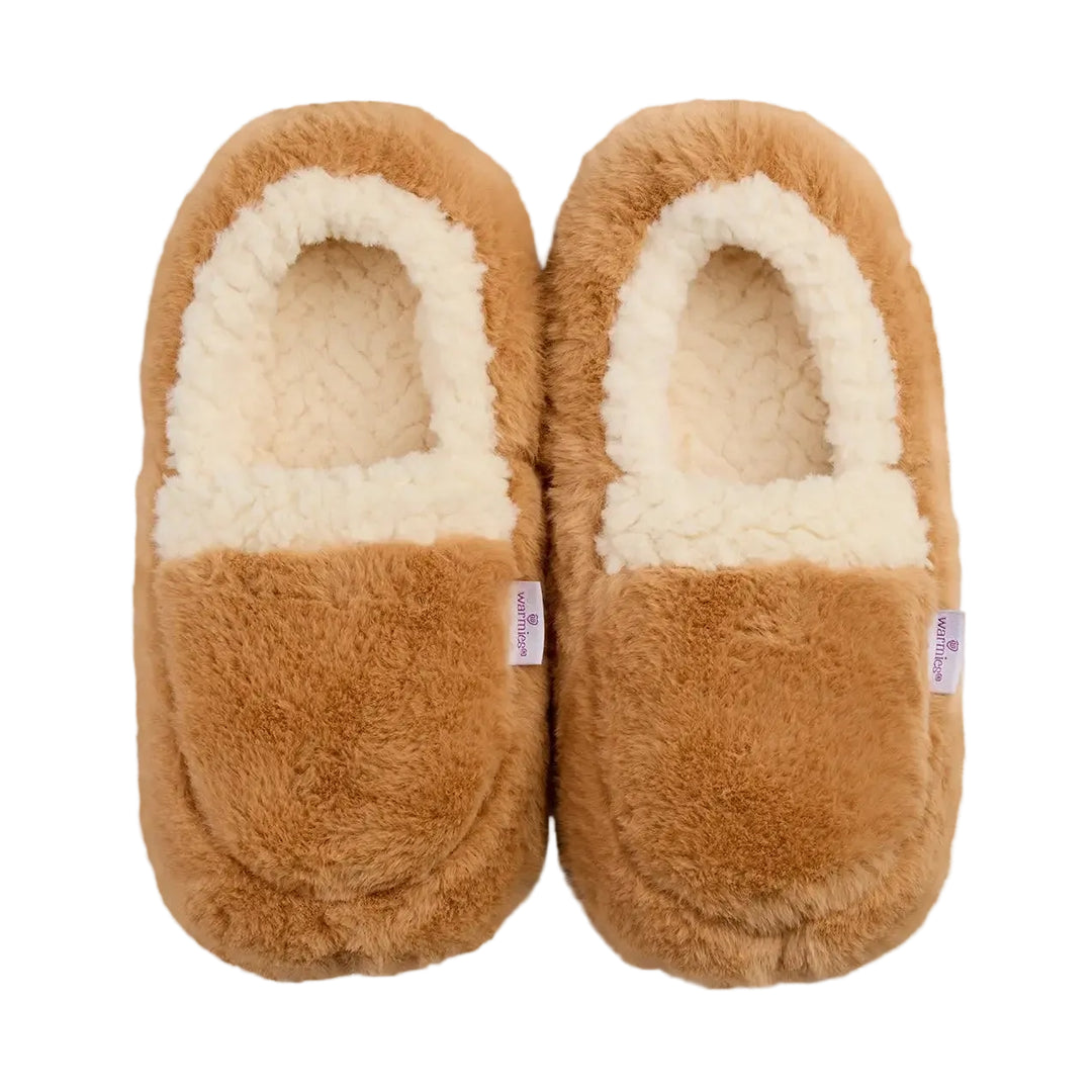A pair of plush slip-on slippers with a warm brown faux-fur exterior and a cream sherpa lining, shown from a top-down view on a light off-white background.