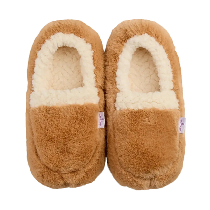 A pair of plush slip-on slippers with a warm brown faux-fur exterior and a cream sherpa lining, shown from a top-down view on a light off-white background.