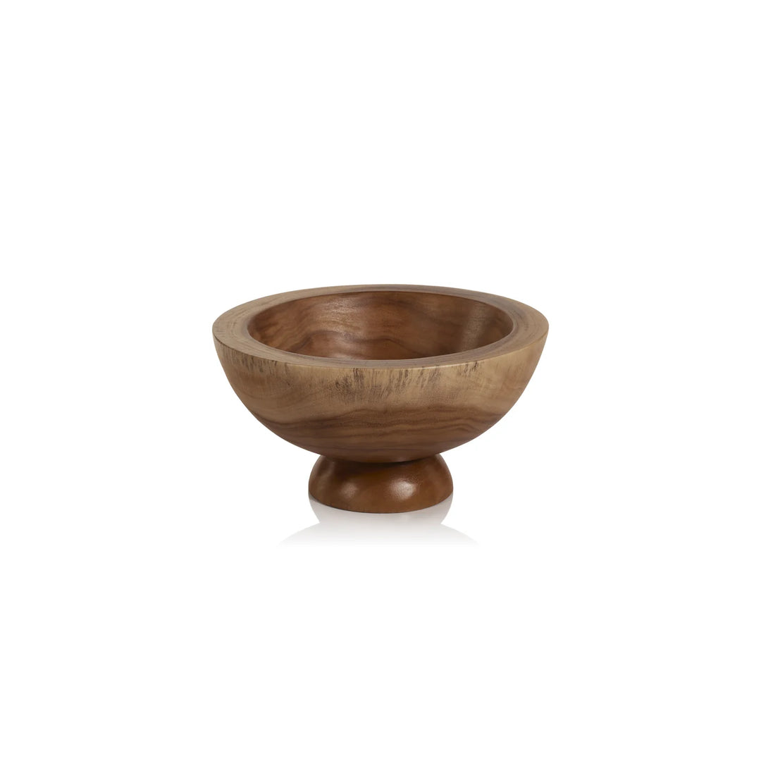 A small round wooden bowl with a pedestal base, shown on a clean white background | Artisans