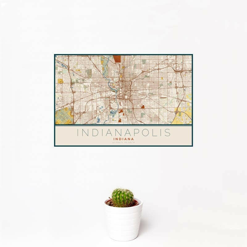 Indianapolis IN Map Woodblock Style 12" x 18" Print | Artisans.