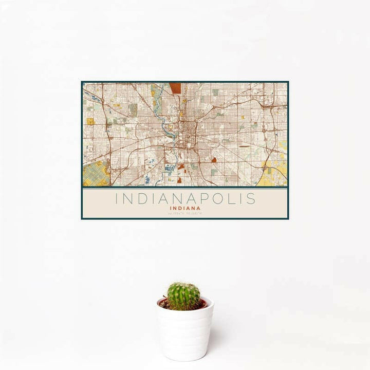 Indianapolis IN Map Woodblock Style 12" x 18" Print | Artisans.