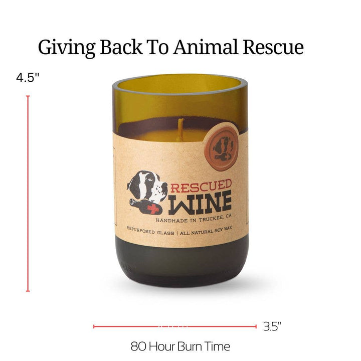 Candle in a recycled wine bottle with a label on a white background, dimensions, and burn time displayed.