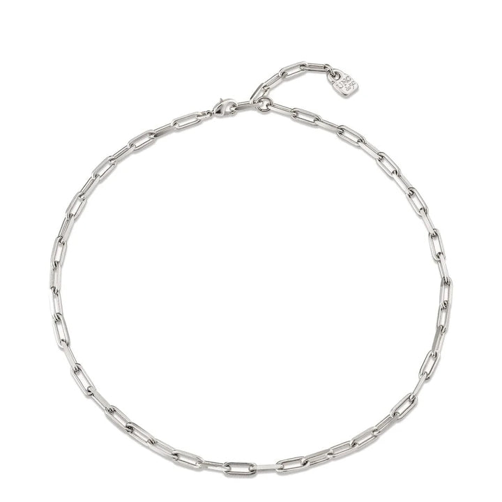 A silver paperclip chain necklace arranged in a circle on a plain white background, featuring a lobster clasp and a small engraved brand tag.