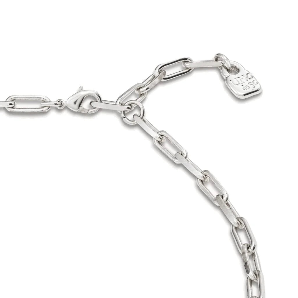 Silver paperclip chain extender with lobster clasp and a small padlock tag on a white background.