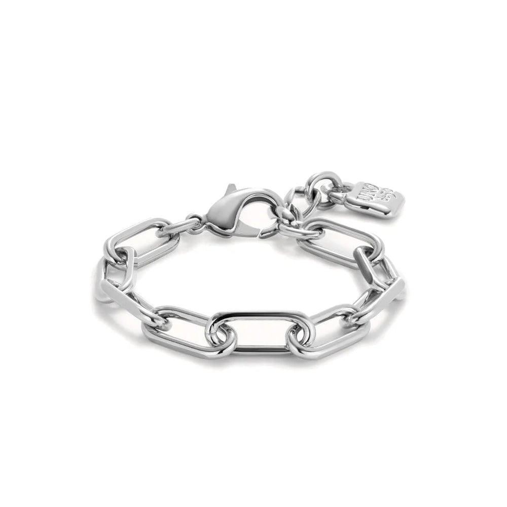A silver-toned metal chain bracelet with elongated links, a lobster clasp, and a small branded tag, shown on a clean white background.